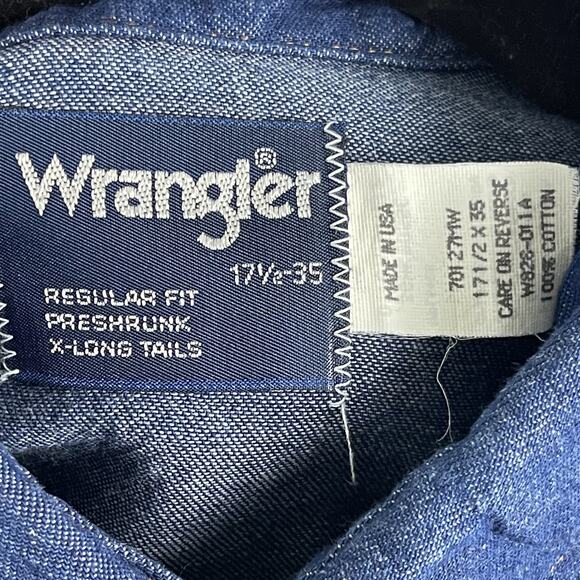 Vintage Wrangler Denim Western Shirt Mens 17.5 35 X-Long Tails Pearl Snap USA - Picture 8 of 15